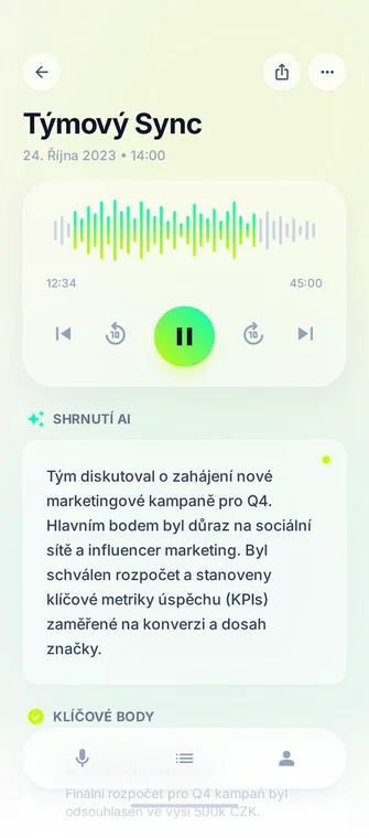 Shrnutí schůzky v aplikaci Bodka